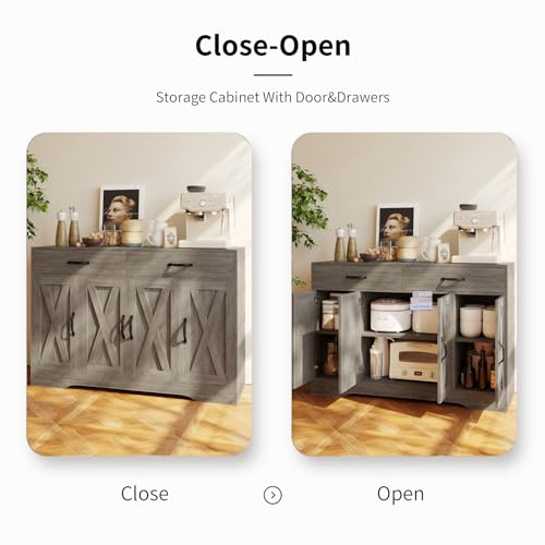 Sideboard Cabinet with Drawers, 47" W Sideboard Buffet Storage Cabinet with Storage for Kitchen, Farmhouse Coffee Bar Cabinets with Shlves and Doors for Hallway, Gray