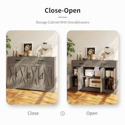 Sideboard Cabinet with Drawers, 47" W Sideboard Buffet Storage Cabinet with Storage for Kitchen, Farmhouse Coffee Bar Cabinets with Shlves and Doors for Hallway, Gray