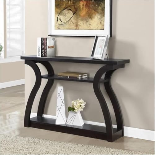 47" Three Tier Hall Console Accent Table, Cappuccino Finish, Wood Construction, 32" H x 12" W x 47" D, Open Shelves, Curved Base, Stylish Hallway, Living Room or Home Office Storage