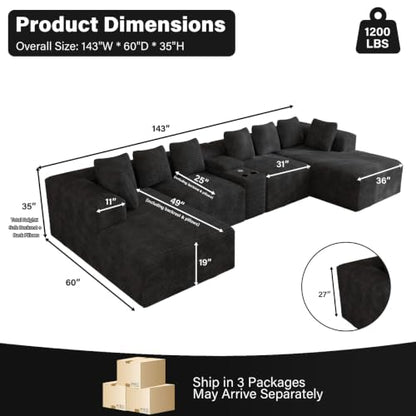 143" Oversized U Shaped Cloud Sectional Couches for Living Room, Comfy Fluffy Corduroy Black Boneless Couch, Large Modular Sectional Sofa Set with Chaise, Cup Holder, USB Port, Storage Console