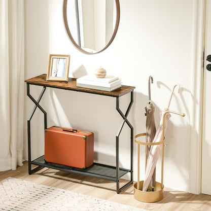 2 Tier Console Table, Sofa Table, Narrow Entryway Table, Hallway Entrance Table, Hourglass-Shaped Frames, Adjustable Feet, for Entrance, Living Room, Hallway, Rustic Brown CTHR21301