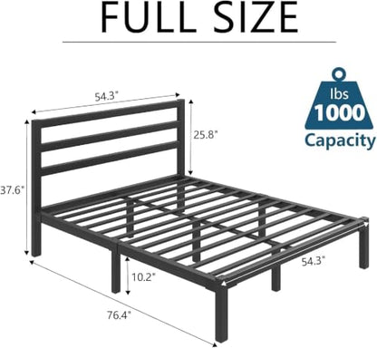 Full Size Metal Bed Frame with Headboard, Metal Slats, Black, view 3