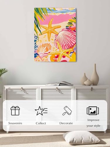 NuYeBiofx Summer Starfish Scallop Shell Palm Leaves Canvas Wall Art Prints,48"x32" Framed Picture Artwork Beach Scene Art Printed Canvas Oil Painting for Living Room Bedroom Office,Ready to Hang