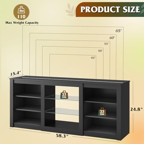 Modern TV Stand for 65 Inch TV, Entertainment Center with Adjustable Open Shelves & RGB LED Lights, Sturdy Media Console for Living Room, Bedroom,Gaming (Black)