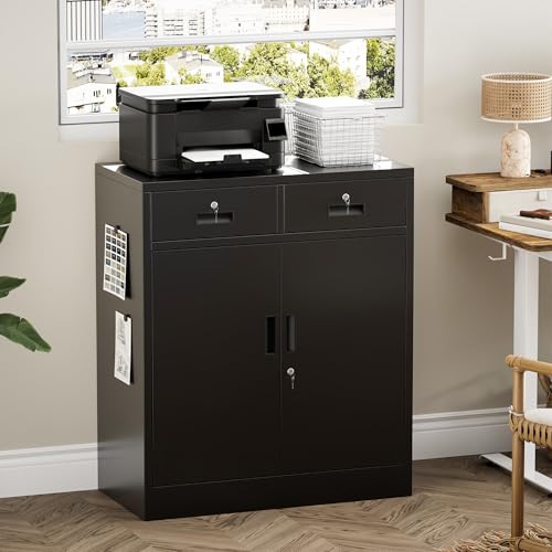 Metal Storage Cabinet, 36 Inch Tall Locking Cabinet with 2 Doors and 2 Drawers, Metal Cabinets with Adjustable Shelf, Garage Cabinets for Garage, Warehouse, Classroom, Home Office, Black