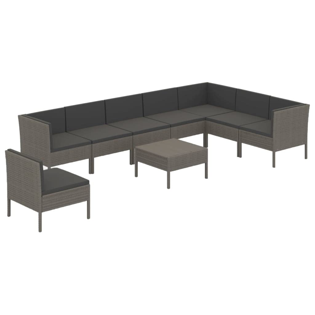9 Piece Modular Garden Lounge Set, Grey PE Rattan Outdoor Sectional Sofa with Cushions, Modern Patio Furniture Conversation Set for Backyard and Porch, Includes Table and 8 Seats