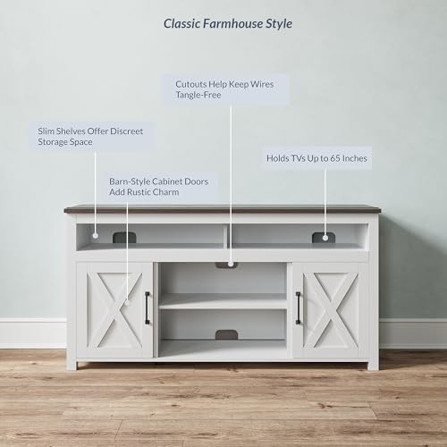 58 Inch TV Stand, Contemporary Entertainment Center for TVs up to 65", Wood Media Console Table with Two Open Shelves and Barn Door Cabinets - Corin (White)