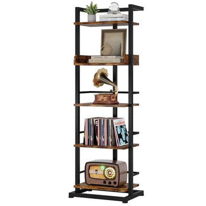 Book Shelf Narrow Bookshelf: 5 Tier Wood Bookcase with Metal Edge Protection Industrial Modern Bookshelf Book Storage Organizer for Living Room Bedroom Home Office (Rustic Brown)