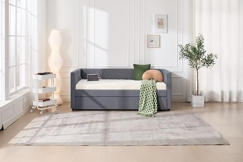 Twin Size Upholstered Daybed with Trundle,USB Port,Side Pockets, V Grained backrest Design,No Box Spring Needed, for Bedroom, Guest Room (Grey, Twin)