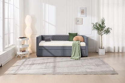 Twin Size Upholstered Daybed with Trundle,USB Port,Side Pockets, V Grained backrest Design,No Box Spring Needed, for Bedroom, Guest Room (Grey, Twin)
