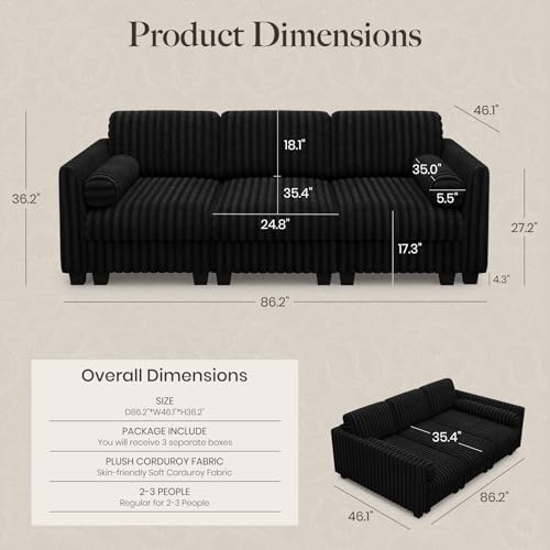 Plush Corduory Sectional Sleeper Sofa with Wide Deep Seat Modular Sectional Cloud Couches for Living Room. Black Couch