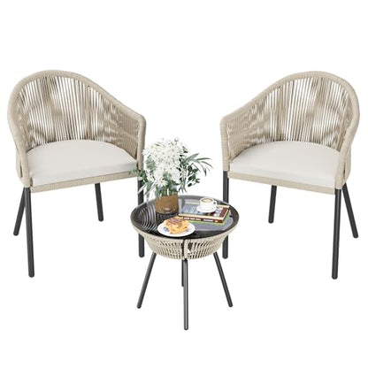 Patio Furniture Set 3 Pieces Rope Woven Bistro Set Outdoor Conversation Set with 2 Wide Chairs,Cushions and Tempered Glass Table for Balcony Porch Backyard Garden Poolside
