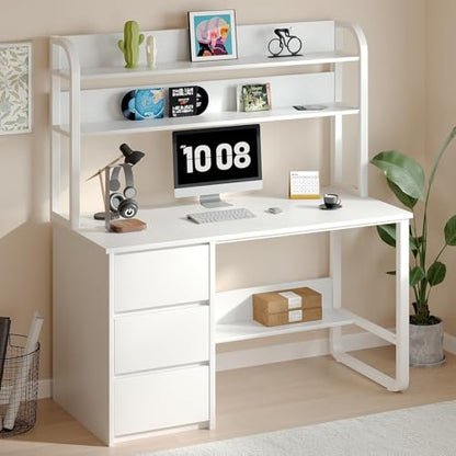 White Desk with Hutch, 47 Inch Computer Desk with 3 Drawers for Bedroom, view 4