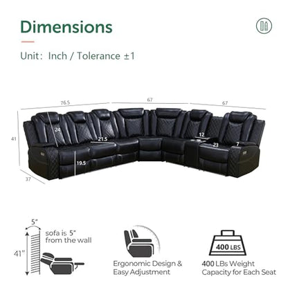 Black Leather Power Reclining Sectional Sofa,Sectional Couch with Recliner,L Shaped Recliner Sofa with LED Light/Read Lamp/Storage Console/USB Port for Living Room/Home Theater/Apartment