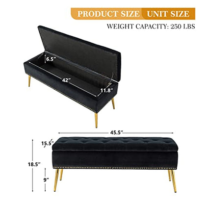 Modern velvet storage ottoman bench gold base black, view 3