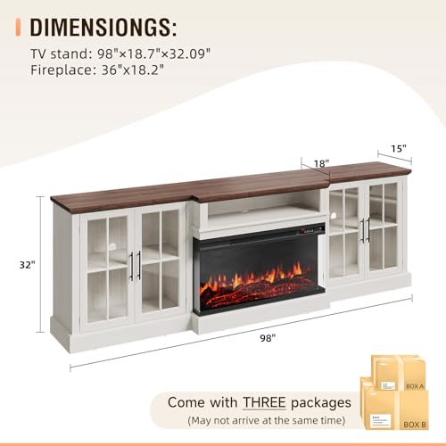 98" Farmhouse TV Stand with Fireplace, White & Black, view 3