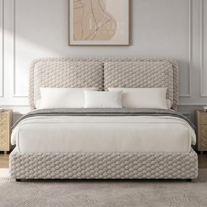 Queen Bed Frame, Upholstered Bed Frame with Headboard, Cream, view 8