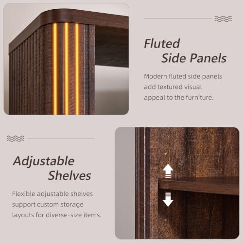 74" Tall Fluted Bookshelf, 5 Tiers Modern Curved Bookcase, Brown, view 4
