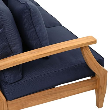 SAFAVIEH Couture Outdoor - Martinique 3-Seat Sofa - Natural & Navy - Teak Wood - Slatted Coastal Design - Ideal for Patio, Deck, Porch, Backyard, 18.3" Seat Height (CPT1013J)