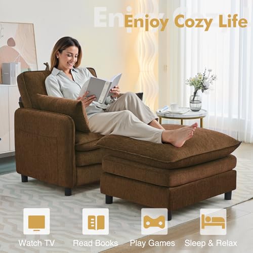 Chenille Oversized Accent Chair with Ottoman, 63" D Oversized Chair and Ottoman with Double Pocket, Reading Armchair with Extra Wide Armrests for Living Room, Reception Room, Brown