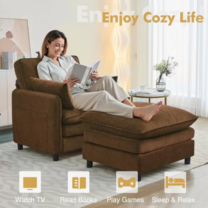 Chenille Oversized Accent Chair with Ottoman, 63" D Oversized Chair and Ottoman with Double Pocket, Reading Armchair with Extra Wide Armrests for Living Room, Reception Room, Brown