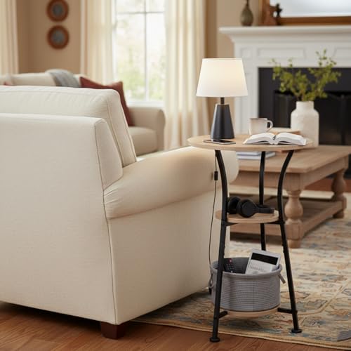 3-Tier Round Side Table with Storage, Industrial End Table for Living Room, Rustic Wood & Metal Bedside Nightstand, Accent Plant Stand for Bedroom Corners & Small Spaces