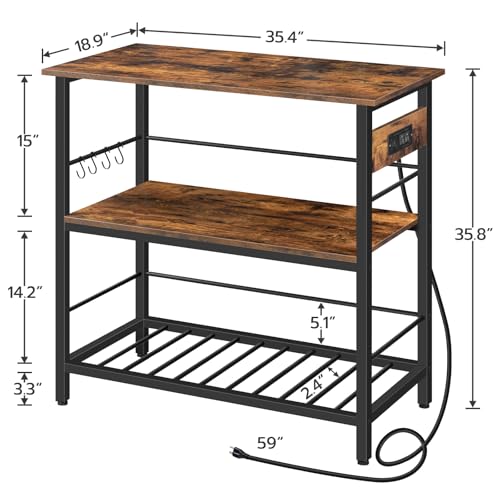 Kitchen Island with Storage, Kitchen Island Table with Power Outlet, 35.4" L 3 Tier Coffee Station and Microwave Stand, for Home, Dining Room, Rustic Brown and Black BF021ZD01