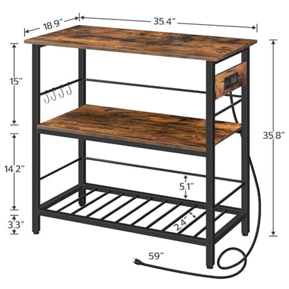Kitchen Island with Storage, Kitchen Island Table with Power Outlet, 35.4" L 3 Tier Coffee Station and Microwave Stand, for Home, Dining Room, Rustic Brown and Black BF021ZD01