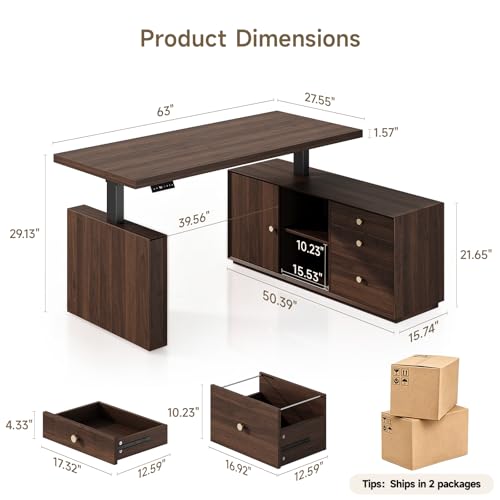 63" L Shaped Standing Desk w/File Cabinet, Sit Up Desk, Walnut, view 3