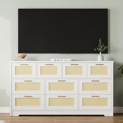 10 Drawer Dresser for Bedroom, 59 in Farmhouse Rattan Dressers & Chests of Drawers, Wooden Storage Organizer with Anti-Tipping Device for Living Room, Hallway, Entryway, White