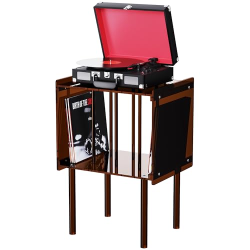 Acrylic Record Player Stand, with Vinyl Storage, Clear Acrylic Side Table, 18.1'' x 14.6'' x 26.1'' (Dark Brown)