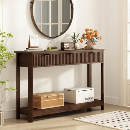 Fluted Wood Console Table with 3 Drawers, Boho Narrow Behind Couch Entryway Table with Open Storage Shelf, Modern Sofa Table for Living Room, Foyer and Hallway (Dark Walnut)