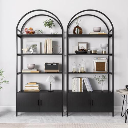 Arched Bookshelf, Bookcase with Doors Storage, 71 Inches Tall Industrial Book Shelf with Sturdy Metal Frame, E1 Quality Boards, Freestanding Display Shelving Unit, Black
