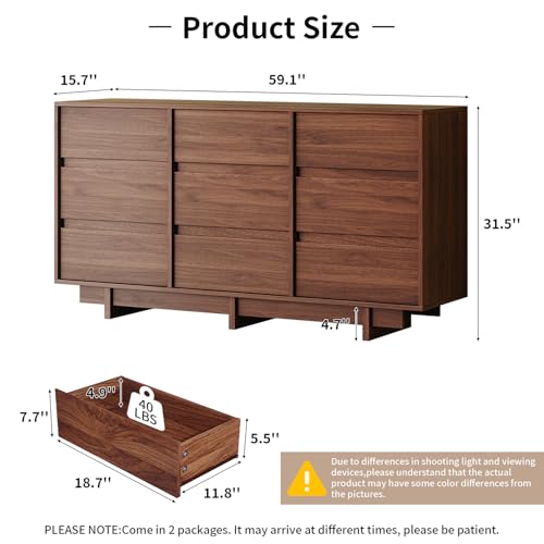 9 Drawer Walnut Dresser for Bedroom,59" Wide Mid Century Modern Dresser, view 3