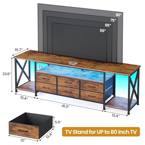 TV Stand with LED Lights & Power Outlets, for TVs up to 85 Inches, 6 Drawers Entertainment Center with Open Storage Shelves, 71" TV Media Console Table for Living Room, Bedroom, Rustic Brown