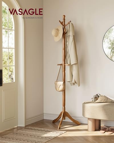 VASAGLE Solid Wood Coat Rack and Stand, Free Standing Hall Coat Tree with 10 Hooks for Hats, Bags, Purses, for Entryway, Hallway, Rubberwood, Caramel Brown URCR03WN