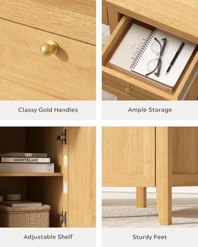 52" Large Executive Desk with Drawers, Farmhouse Wooden Home Office Desk with Storage Cabinet, Modern Computer Writing Desk for Work Study, Workspace, Natural Oak
