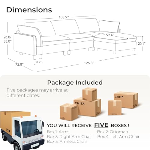 CHITA 127" Super Large Sectional Couches for Living Room, Modular Cloud Couch Sectional Sofa, Premium Genuine Leather Sofa, Down Filled, High Density Foam, Real Leather in Saddle, 4 Seat L Shaped