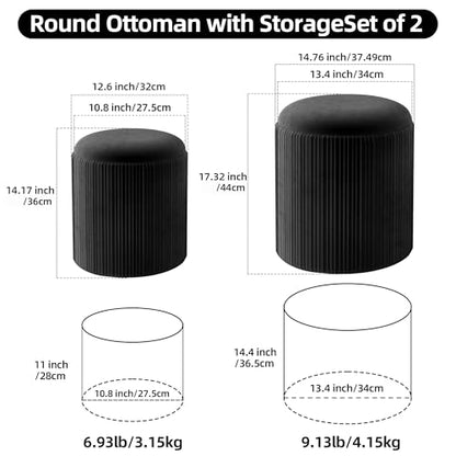 Round Ottoman with Storage Set of 2, Upholstered Velvet Storage Ottoman, Vanity Stool for Makeup, Foot Rest for Living Room, Bedroom, Black