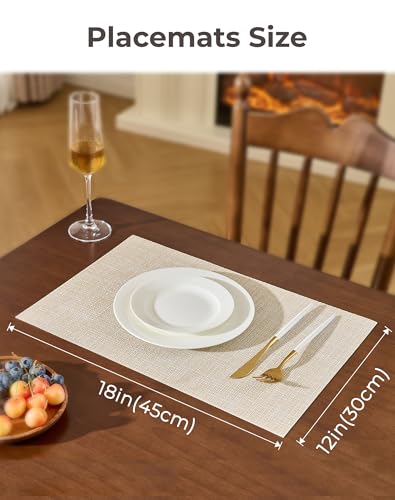 Beige Placemats Set of 6 - Heat-Resistant, Non-Slip Table Mats, Washable Woven Vinyl for Indoor & Outdoor Dining