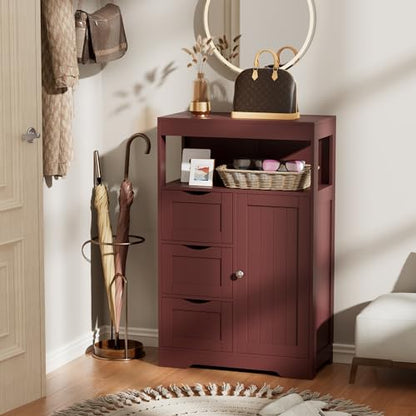 Bathroom Storage Cabinet Freestanding Floor Cupboard with 1 Door and 3 Drawers for Kitchen, Living Room, Brown