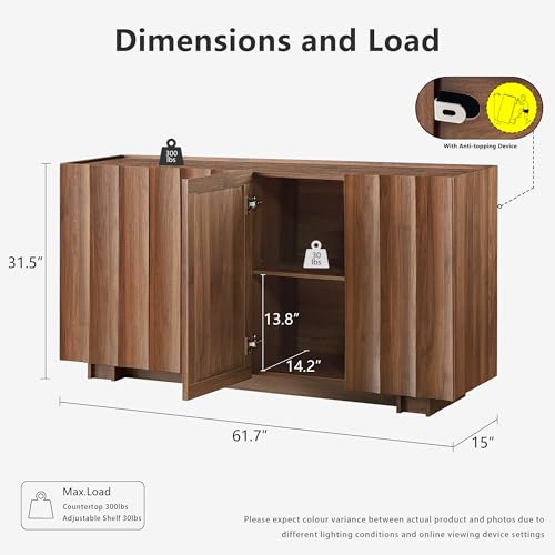 61.7" Fluted Sideboard Buffet Cabinet with Storage, Walnut, view 3