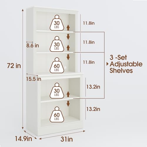 72" Tall Bookcase, White Large Floor Standing Bookshelf, 5 Tier Shelves Open Storage Organizer, Book Case for Living Room Hallway Kitchen Home Office Bedroom, White - 5 Tier