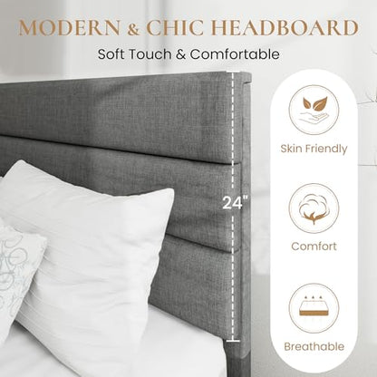 Grey upholstered platform bed frame, view 5