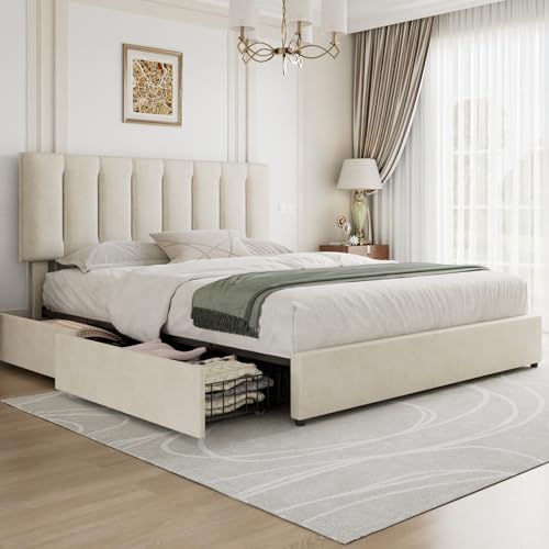 King Size Bed Frame with 4 Storage Drawers, Adjustable Height Headboard, view 2