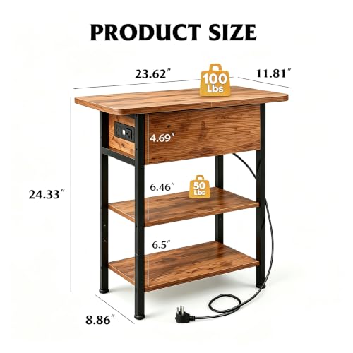 3-Tier End Table with Charging Station, Flip Top Narrow Side Table with Storage Shelf, Small Nightstand with USB Ports and Outlets,Bedside Table for Living Room, Bedroom