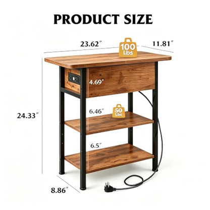 3-Tier End Table with Charging Station, Flip Top Narrow Side Table with Storage Shelf, Small Nightstand with USB Ports and Outlets,Bedside Table for Living Room, Bedroom