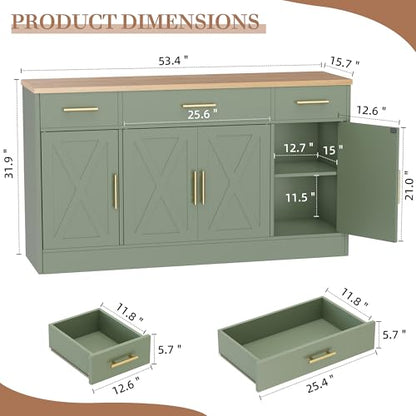 Buffet Cabinet with Storage,53.4" Large Kitchen Storage Cabinet with 3 Drawers and 4 Doors,Wood Farmhouse Buffet Sideboard with Adjustable Shelf for Kitchen Living Room, Green
