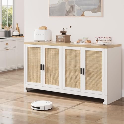 GAOMON 60" Rattan Buffet Cabinet - 4-Door Woven Storage Sideboard with Adjustable Shelves, White Farmhouse Console Table for Dining Room, Living Room & Entryway
