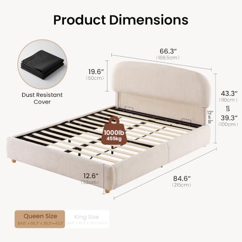 Queen Lift Up Storage Bed Frame with Adjustable Headboard, Beige, view 3